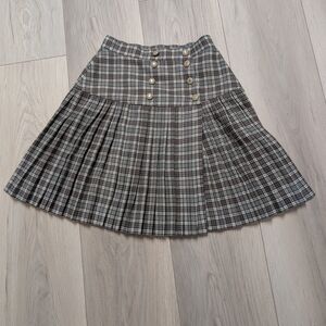 Brown Plaid Pleated Wool Skirt Double Button Vintage Preppy Academic Schoolgirl